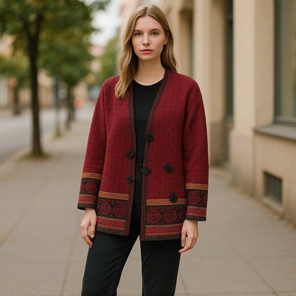 Susan Bristol Vintage Hand Embroidered Cardigan Sweater Women's S Burgundy Red - Picture 3 of 8